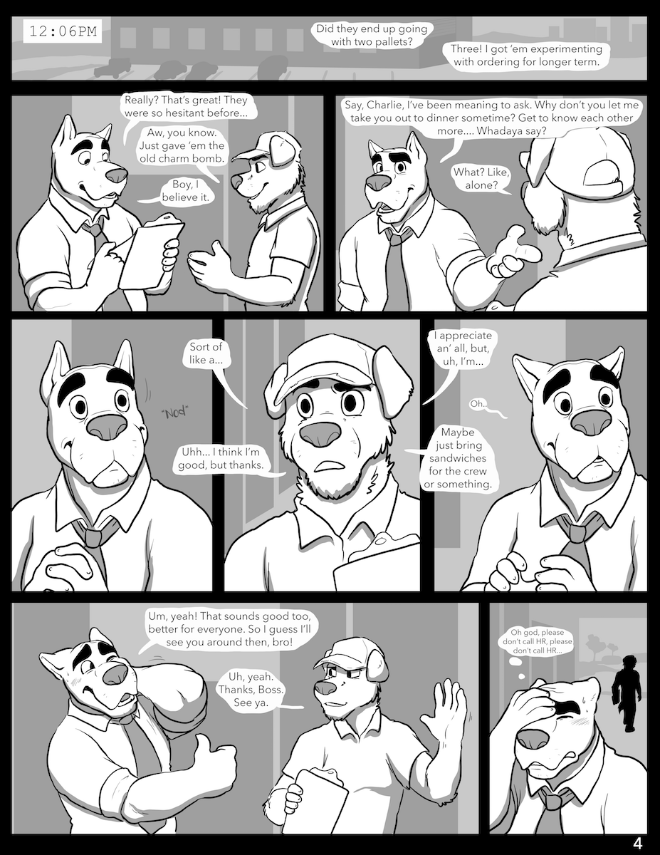 2019 5_fingers anthro black_and_white canid canine canis charlie_(jackaloo) clothed clothing comic dialogue domestic_dog emery_waldren english_text eyebrows hat hi_res jackaloo male mammal monochrome text