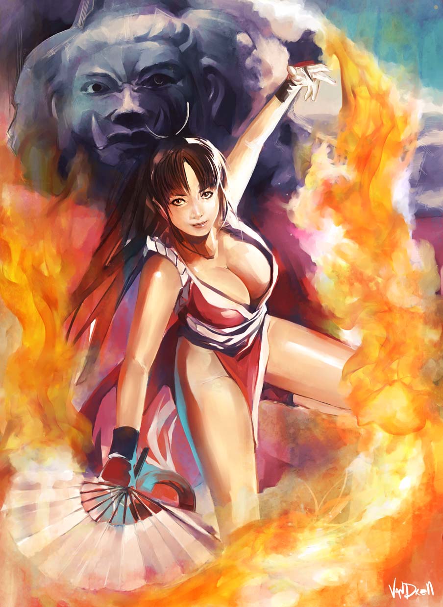 breasts brown_eyes brown_hair cleavage daniel_oduber fan fatal_fury fire folding_fan highres japanese_clothes large_breasts long_hair pelvic_curtain ponytail realistic revealing_clothes shiranui_mai smile solo the_king_of_fighters