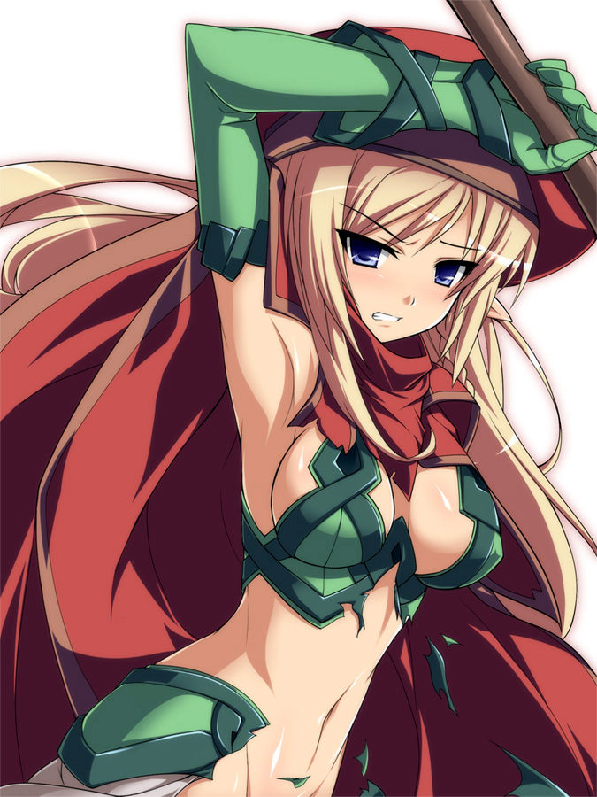 alleyne_(queen's_blade) armpits blonde_hair elf hat katami_shinta long_hair pointy_ears queen's_blade simple_background solo torn_clothes