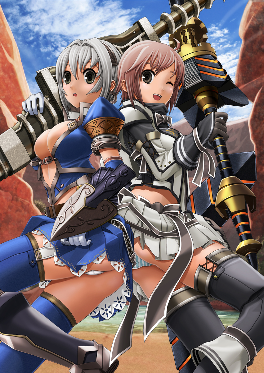 ahoge armor asuru_(armor) back-to-back black_legwear blue_legwear breasts brown_hair cleavage grey_hair highres lance large_breasts legs long_legs miniskirt monster_hunter multiple_girls one_eye_closed panties pantyshot pleated_skirt polearm short_hair silver_hair skirt striped striped_panties thighhighs thighs underwear upskirt v-mag weapon white_panties