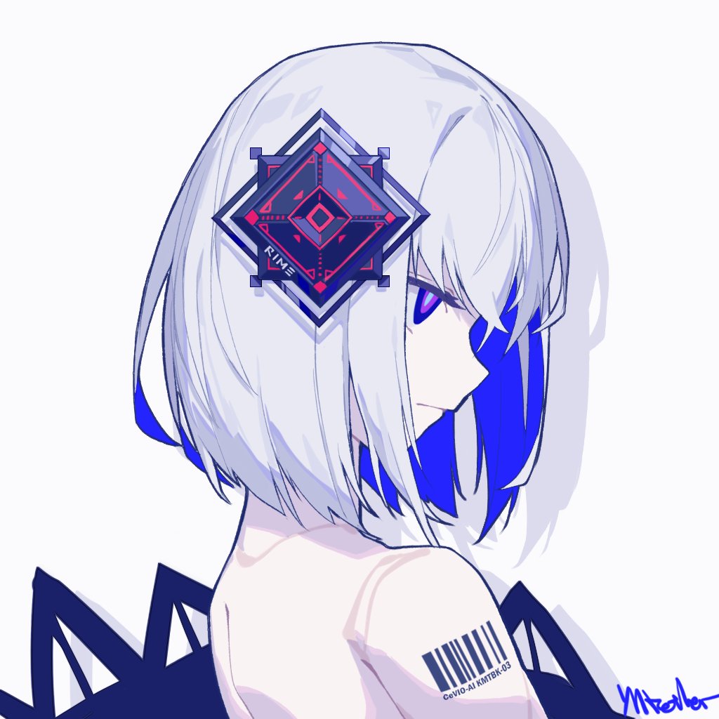 1girl acronym android bangs barcode barcode_tattoo bare_shoulders blue_eyes blue_hair bright_pupils cevio character_name colored_inner_hair crossed_bangs drop_shadow fagun_yibei frown glaring hair_ornament jacket jacket_partially_removed joints kamitsubaki_studio limited_palette looking_ahead multicolored_eyes multicolored_hair nude portrait profile purple_eyes rime_(cevio) robot_joints romaji_text signature simple_background solo tattoo white_background white_hair white_pupils