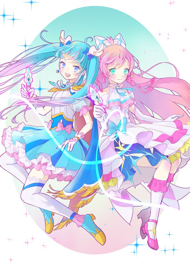 2girls ahoge aqua_eyes ascot blue_eyes blue_hair bow cape cure_prism cure_sky detached_sleeves dress earrings elbow_gloves fingerless_gloves gloves gradient_hair hair_bow hirogaru_sky!_precure jewelry long_hair magical_girl miminaga_usagi multicolored_hair multiple_girls nijigaoka_mashiro open_mouth pink_hair precure puffy_detached_sleeves puffy_sleeves single_sidelock smile sora_harewataru two-sided_cape two-sided_fabric very_long_hair white_ascot white_bow white_dress white_gloves wing_hair_ornament