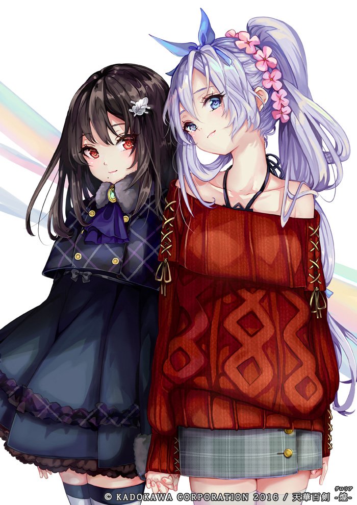 2girls ascot bare_shoulders black_dress black_hair blue_eyes blue_hair capelet collarbone dress flower fur_collar hair_flower hair_ornament hair_ribbon head_tilt holding_hands kousetsu_samonji_(tenka_hyakken) light_blue_hair long_hair long_sleeves mole mole_under_mouth multiple_girls off-shoulder_sweater off_shoulder pisuke plaid plaid_skirt ponytail purple_ascot red_eyes ribbon sayo_samonji_(tenka_hyakken) skirt smile sweater tenka_hyakken thighhighs