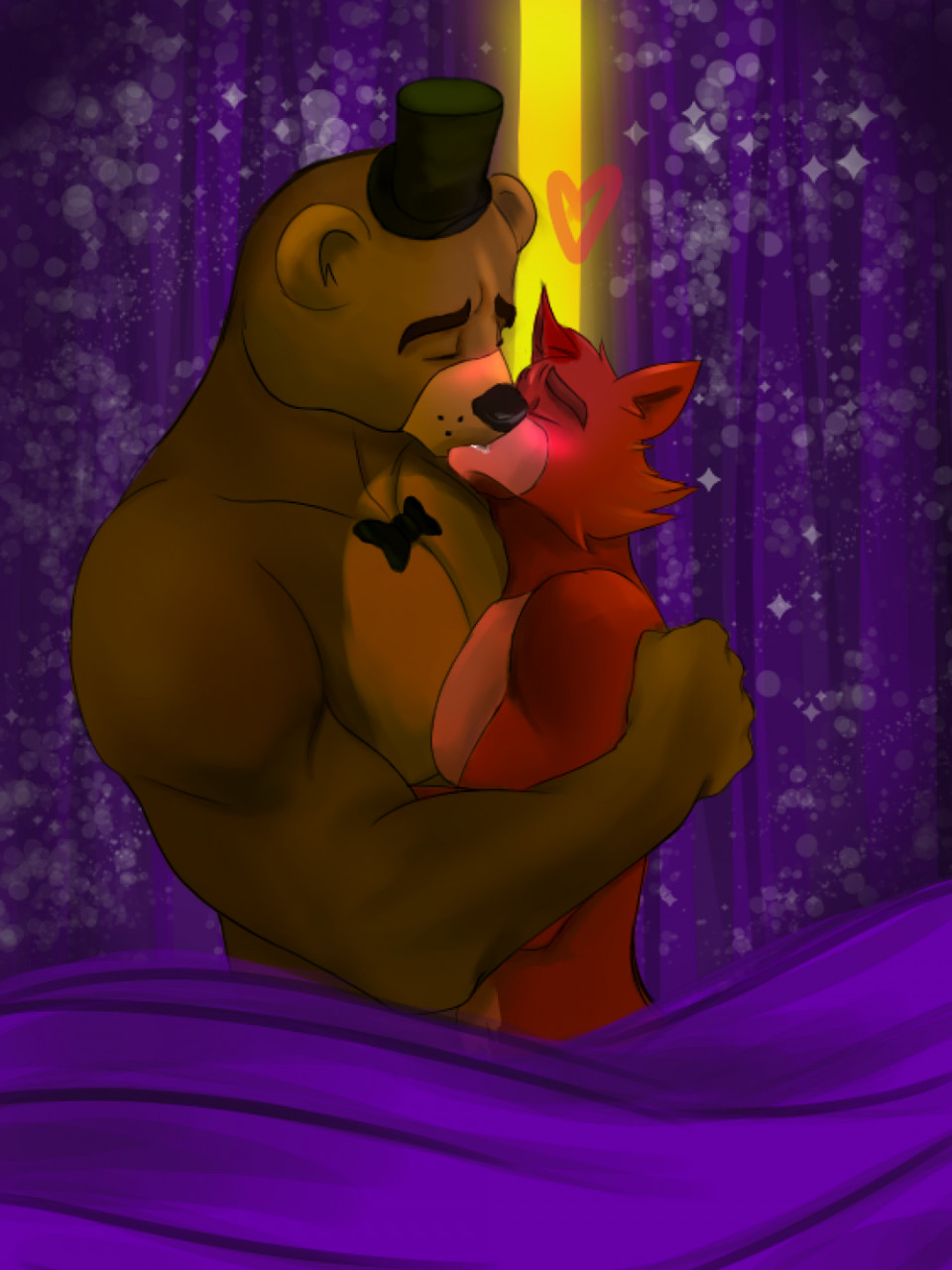 &lt;3 2022 anthro anthro_on_anthro bear biceps biped blush bodily_fluids bow_tie brown_body brown_fur canid canine clothing cupcake2007 duo eyebrows eyes_closed five_nights_at_freddy's fox foxy_(fnaf) freddy_(fnaf) fur hat headgear headwear hi_res kiss_on_lips kissing male male/male mammal muscular muscular_male pecs red_body red_fur romantic saliva scottgames size_difference top_hat