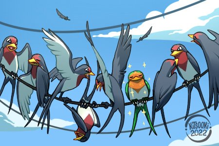 alternate_color artist_name bird black_eyes bright_pupils cloud commentary day feathers kitsooki looking_down lowres no_humans open_mouth outdoors pokemon pokemon_(creature) power_lines shiny_pokemon sky sparkle taillow watermark white_pupils