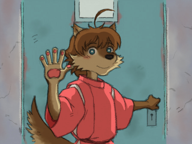 2014 ahoge anthro bangs blue_eyes brown_hair canid canine canis cheek_tuft clothing colored countershade_arms countershade_face countershade_hands countershading door facial_tuft fur ghibli hair male mammal morenatsu parody pawpads pink_clothing pink_pawpads shirako shun_(morenatsu) solo spirited_away tan_body tan_fur tuft wolf young