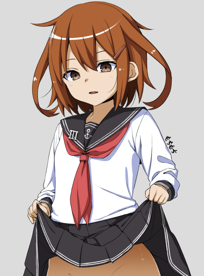 1girl anchor_symbol artist_logo black_sailor_collar black_skirt brown_hair clothes_lift grey_background ikazuchi_(kancolle) kantai_collection moti_coi neckerchief no_panties one-hour_drawing_challenge out-of-frame_censoring red_neckerchief sailor_collar school_uniform serafuku short_hair simple_background skirt skirt_lift solo