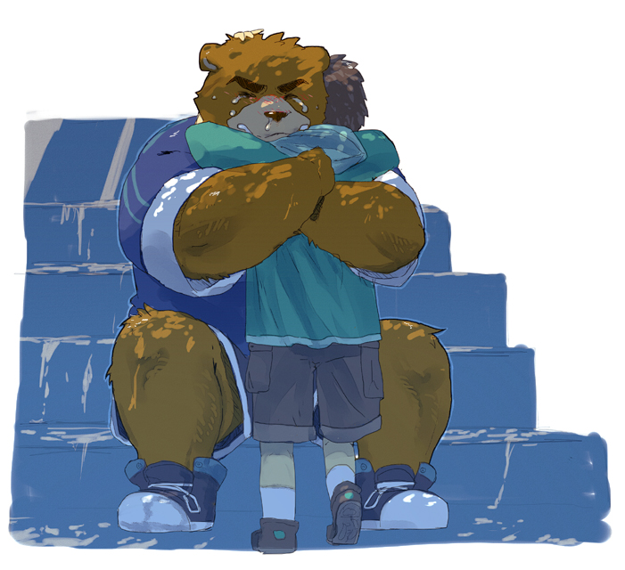 2013 aged_down anthro bear black_bear blue_clothing blue_hoodie blue_jacket blue_topwear bodily_fluids bottomwear brown_body brown_fur brown_hair chisa_sa clothing colored countershade_snout countershading crying duo embrace eyes_closed footwear fur grey_bottomwear grey_clothing grey_shorts hair hiroyuki_(morenatsu) hoodie hug human jacket juuichi_mikazuki male mammal moon_bear morenatsu shoes shorts sitting snout stairs tan_body tan_fur tears topwear ursine