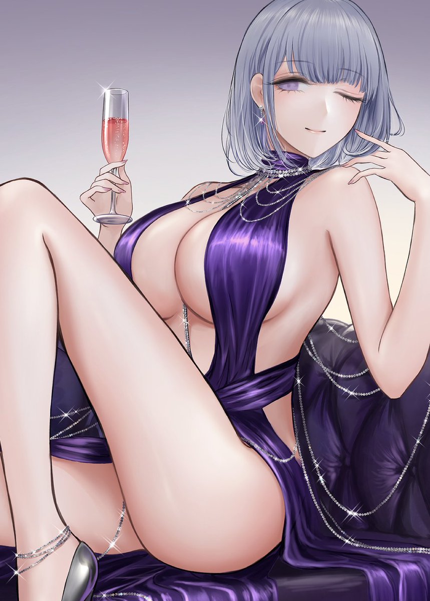 1girl alternate_costume breasts center_opening cleavage couch cup dress earrings evening_gown filha girls'_frontline hand_up highres holding holding_cup jewelry knee_up on_couch one_eye_closed purple_eyes revealing_clothes rpk-16_(girls'_frontline) short_hair sideboob sitting white_hair