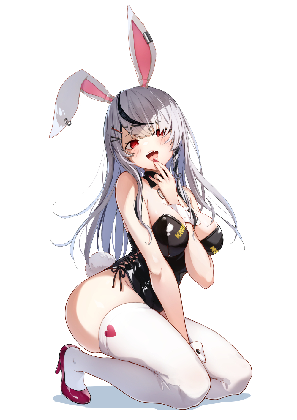 1girl animal_ears black_hair black_leotard blush braid brat_(brabrabrat00) breasts commentary_request finger_to_mouth hair_ornament hairclip high_heels highres hololive large_breasts leotard long_hair looking_at_viewer multicolored_hair nail_polish open_mouth playboy_bunny rabbit_ears red_eyes red_footwear red_nails sakamata_chloe single_braid socks streaked_hair thighhighs virtual_youtuber white_hair white_socks white_thighhighs x_hair_ornament