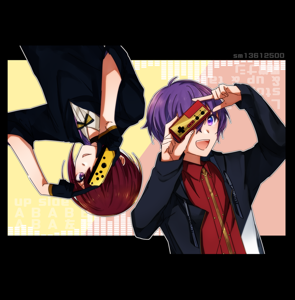 2boys black_gloves black_hoodie bow bowtie collared_shirt controller famicom_gamepad gloves hood hood_down hoodie joy-con long_sleeves male_focus masaki_729 multicolored_bowtie multiple_boys one_eye_covered open_mouth orikasa_riku purple_eyes purple_hair readyyy! red_hair red_shirt remote_control rimocon_(vocaloid) shirt short_hair short_sleeves smile takachiho_aki upside-down white_bow white_bowtie white_shirt yellow_bow yellow_bowtie