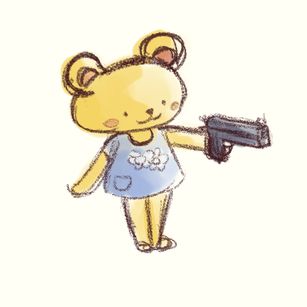 2021 anthro bear blue_bottomwear blue_clothing blue_skirt bottomwear cheek_spots clothing cookie's_bustle cookie_blair female fur gun holding_gun holding_object holding_weapon infinitebrians mammal ranged_weapon simple_eyes sketch skirt smile solo weapon yellow_body yellow_fur