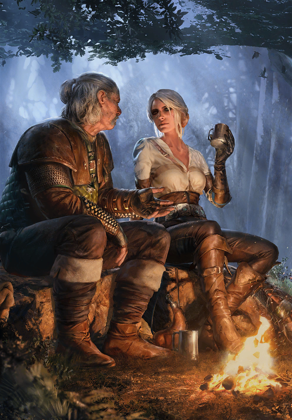 1boy 1girl ciri facial_hair fire forest grey_hair gwent_(game) highres mustache nature night non-web_source short_hair sitting tankard the_witcher_(series) the_witcher_3 vesemir_of_kaer_morhen white_hair