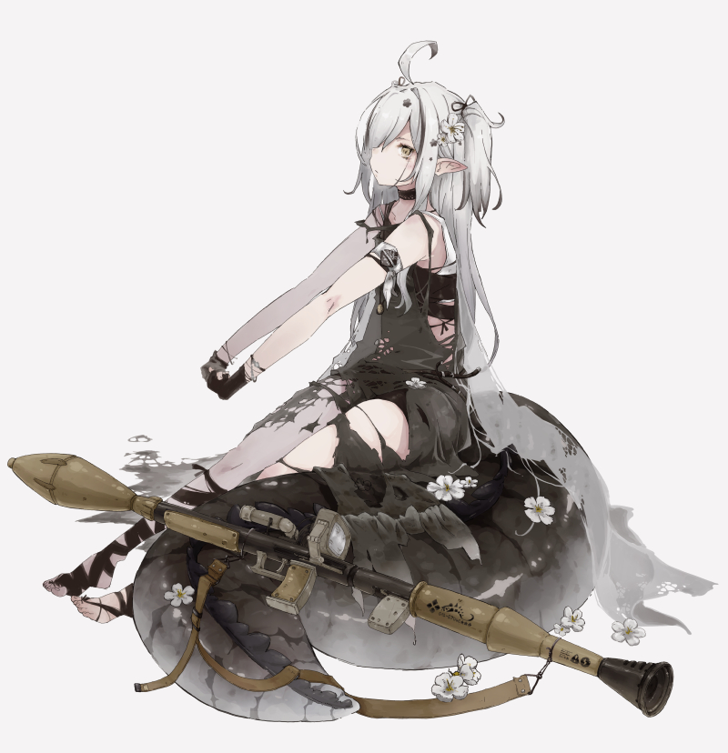 1girl ahoge arknights arm_strap bare_shoulders black_choker black_dress black_gloves black_hair choker closed_mouth crocodilian_tail dress flower from_side full_body gloves grey_hair hair_flower hair_ornament kona_(konahana) large_tail long_hair multicolored_hair one_side_up pointy_ears rocket_launcher simple_background sitting solo streaked_hair stretching tail tomimi_(arknights) torn_clothes torn_dress two-tone_hair very_long_hair weapon white_background white_flower yellow_eyes