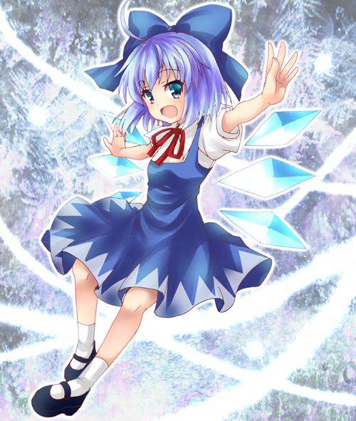 1girl :d bangs black_footwear blue_bow blue_dress blue_eyes blue_hair bow breasts cirno commentary_request dress full_body hair_bow ice ice_wings mary_janes momozakura_nanao neck_ribbon open_mouth pinafore_dress puffy_short_sleeves puffy_sleeves red_ribbon ribbon shirt shoes short_hair short_sleeves small_breasts smile socks solo t-pose touhou white_shirt white_socks wings