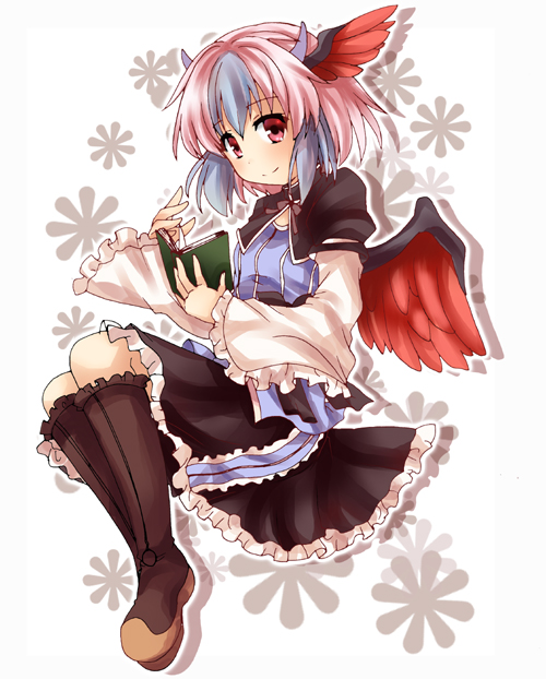 1girl bangs bird_wings black_capelet black_skirt blue_hair blue_shirt blush book boots breasts brown_footwear capelet closed_mouth commentary_request frilled_skirt frills full_body head_wings holding holding_book horns long_sleeves looking_at_viewer momozakura_nanao multicolored_hair red_eyes red_wings shirt short_hair single_head_wing skirt small_breasts smile solo split_mouth tokiko_(touhou) touhou two-tone_hair white_hair wide_sleeves wings