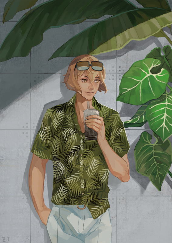 1boy alternate_costume bangs blonde_hair closed_mouth commentary cowboy_shot cup dated_commentary drinking_straw eyewear_on_head green_shirt hair_between_eyes hand_in_pocket hawaiian_shirt higekiri_(touken_ranbu) holding holding_cup looking_afar looking_to_the_side male_focus pants plant shirt short_hair smile solo sunglasses tile_wall tiles touken_ranbu white_pants yellow_eyes zi_tsas
