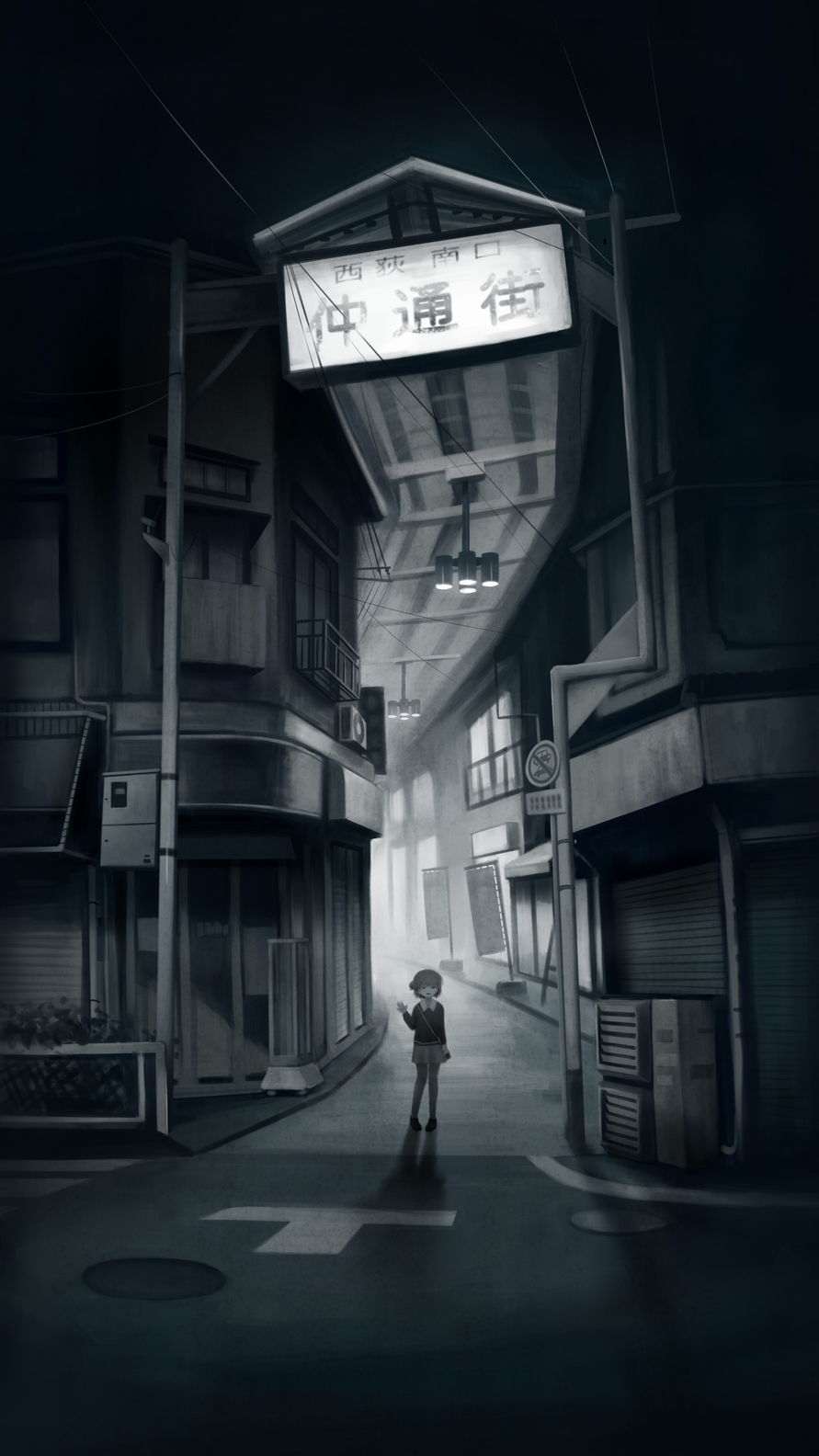 1girl alley bag bangs banner building collared_shirt full_body gensuke_(ryun) greyscale hand_up hatoba_tsugu highres lamppost long_sleeves looking_at_viewer manhole_cover monochrome pigeon-toed road road_sign shadow shirt shoes short_hair shoulder_bag shutter sign skirt smile solo standing storefront tsugu_(vtuber) virtual_youtuber waving window