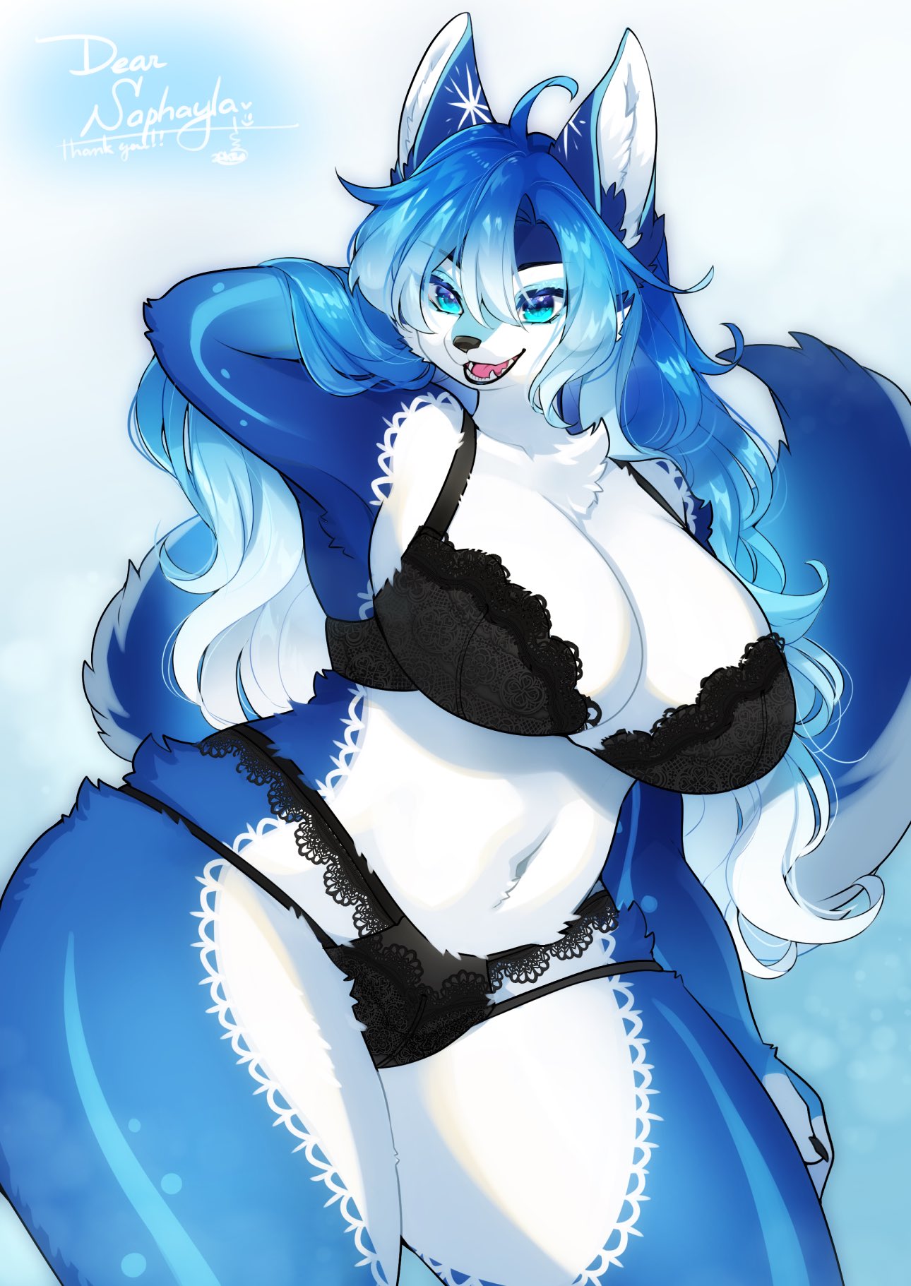 ahoge anthro big_breasts blue_body blue_eyes blue_fur blue_hair bra breasts canid canine chest_tuft cleavage clothed clothing english_text female fox fur gradient_hair hair hand_behind_head hi_res holding_hair kemono lace lace_bra lace_markings lace_panties lemoco lingerie mammal open_mouth open_smile panties saphayla_(zelianda) smile solo sparkle_(marking) text thick_thighs touching_hair tuft underwear white_body white_fur