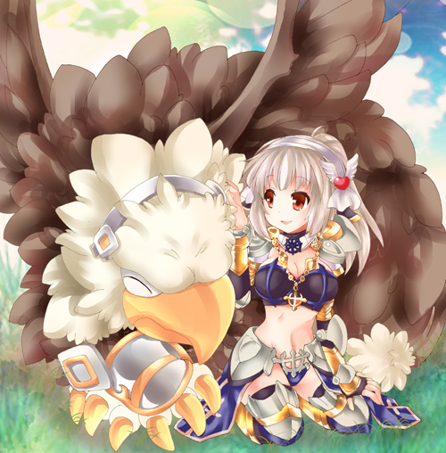 1girl apron armor armored_boots bangs bikini_armor blue_cape boots breasts cape cleavage commentary_request cross faulds full_body grass grey_hair griffin gryphon_(ragnarok_online) hairband heart leg_armor long_hair medium_breasts midriff momozakura_nanao navel open_mouth pauldrons petting ponytail ragnarok_online red_eyes royal_guard_(ragnarok_online) seiza shoulder_armor sitting smile thighhighs waist_apron white_hairband