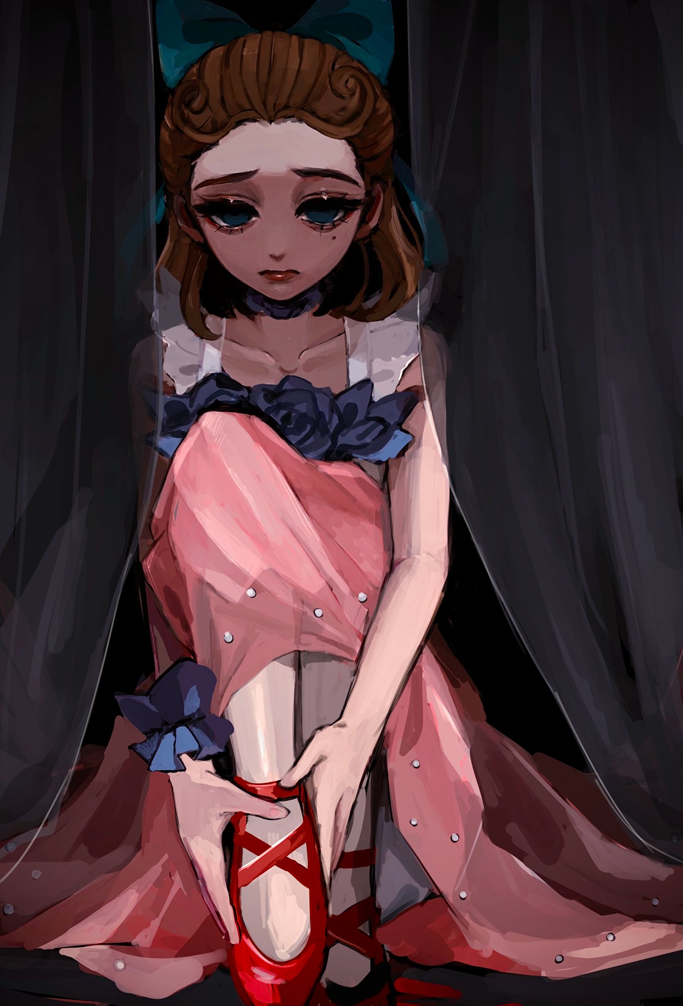 1girl ankle_ribbon black_background blue_bow blue_eyes blue_flower blue_rose bow brown_hair closed_mouth curtains dress dress_flower empty_eyes flower full_body hair_bow hair_slicked_back hands_on_feet highres hoge_(n8sss) identity_v knees_up leg_ribbon lips looking_at_viewer medium_hair mole mole_under_eye official_alternate_costume on_floor pink_dress red_footwear ribbon rose shoes single_wrist_cuff sitting sleeveless sleeveless_dress solo vera_nair vera_nair_(red_shoes) wrist_cuffs