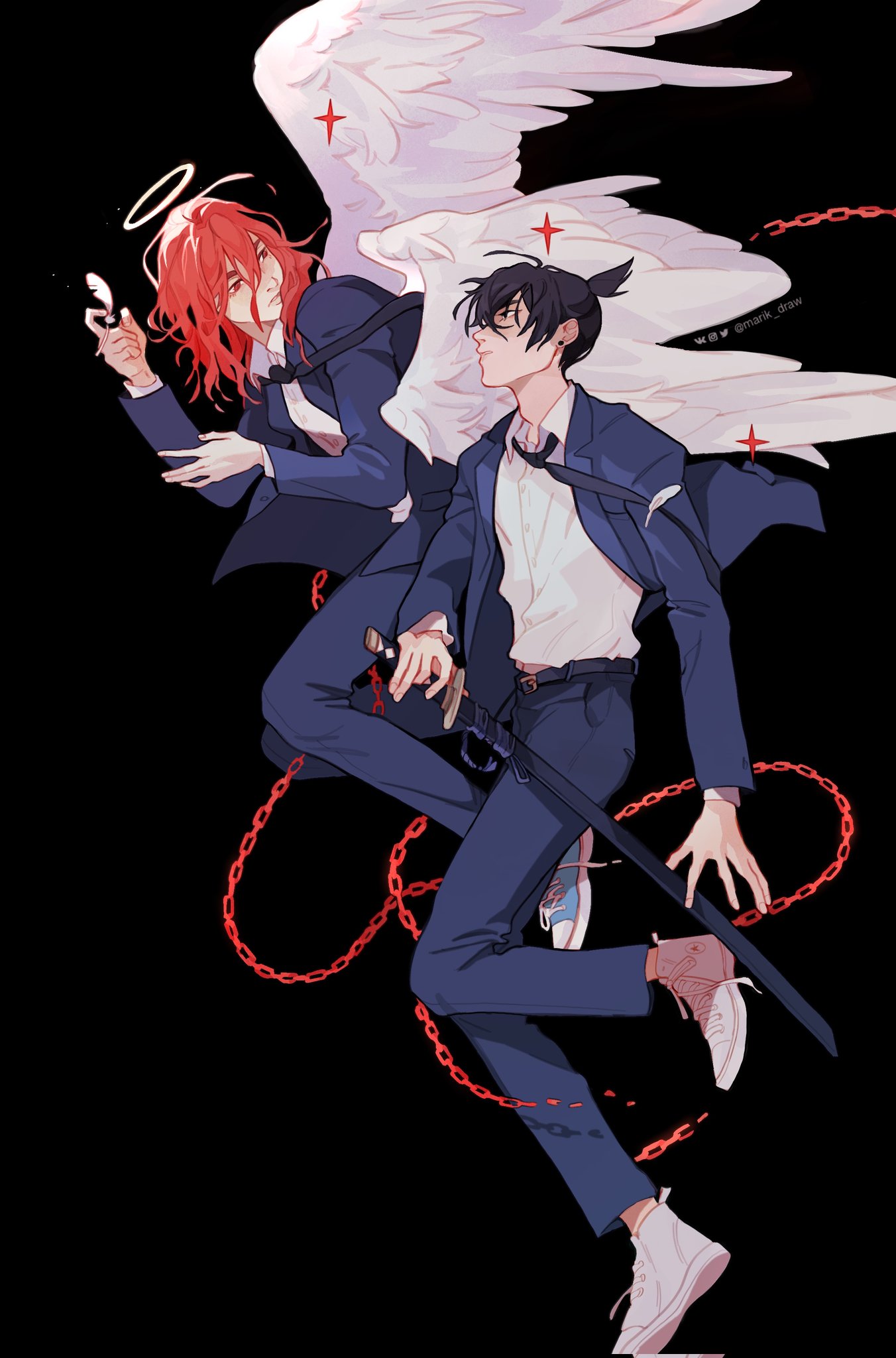 1boy 1girl angel angel_devil_(chainsaw_man) angel_wings black_background black_hair black_jacket black_necktie black_pants chain chainsaw_man collared_shirt earrings feathered_wings floating_necktie formal hair_over_one_eye halo hayakawa_aki highres holding holding_sword holding_weapon jacket jewelry katana looking_at_another marik_draw medium_hair necktie pants red_eyes red_hair sheath shirt shirt_tucked_in short_hair simple_background stud_earrings suit suit_jacket sword topknot twitter_username weapon white_footwear white_shirt wings