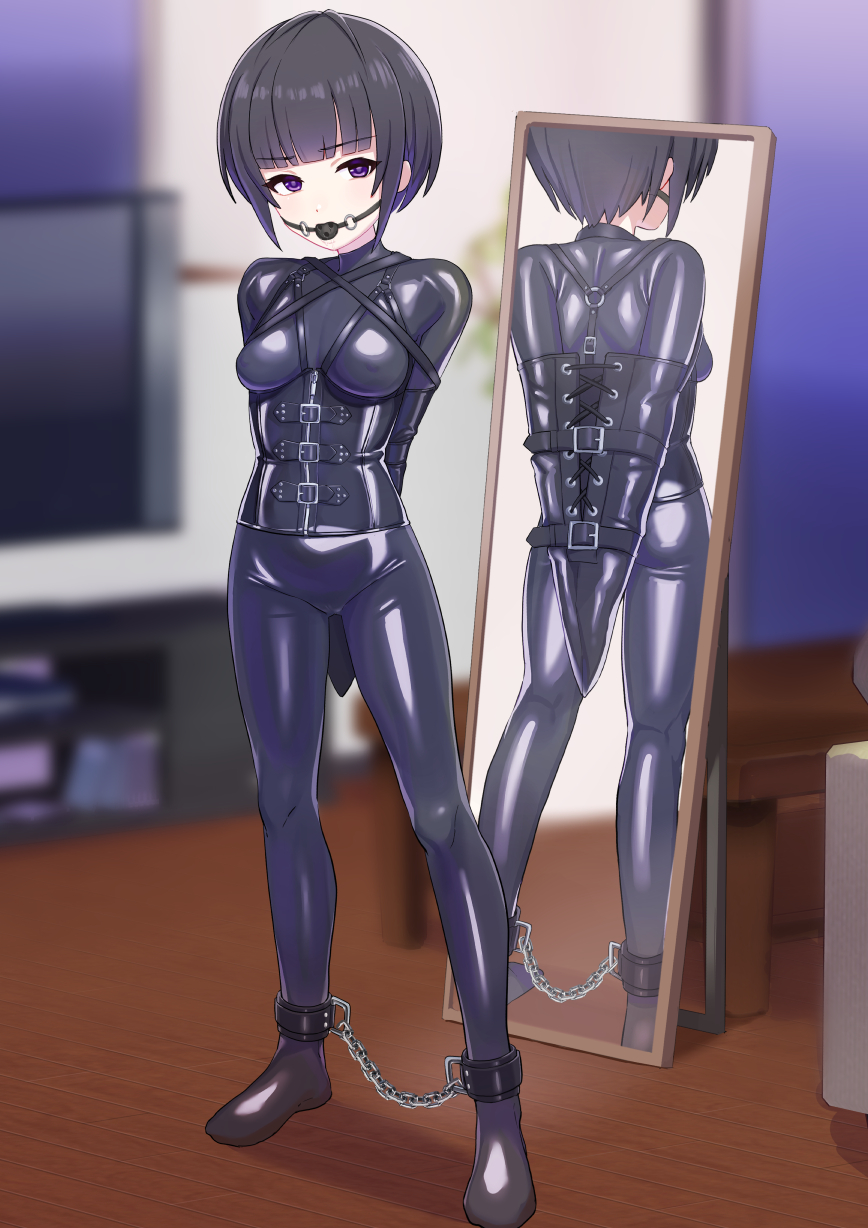 1girl ankle_cuffs arms_behind_back ball_gag bdsm black_hair blurry blurry_background bodysuit bondage bound bound_arms chain commentary_request corset full_body gag gagged highres idolmaster idolmaster_cinderella_girls latex latex_bodysuit lolicom looking_at_viewer mirror monoglove purple_eyes shiny_clothes shirayuki_chiyo short_hair skin_tight solo standing