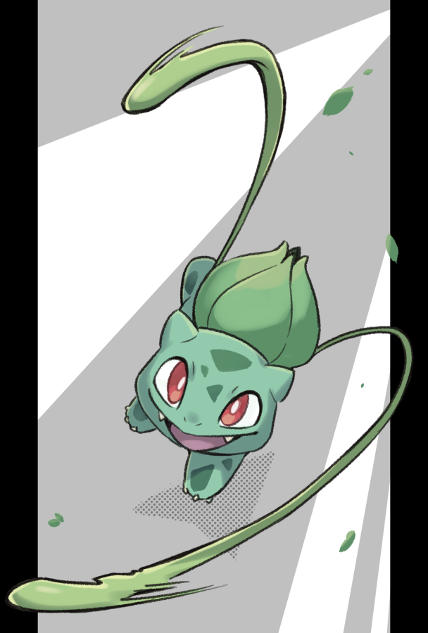 :d bright_pupils bulbasaur claws fangs full_body leaf no_humans open_mouth pillarboxed plant pokemon pokemon_(creature) pokemon_move red_eyes smile solo ukata vine_whip vines white_pupils