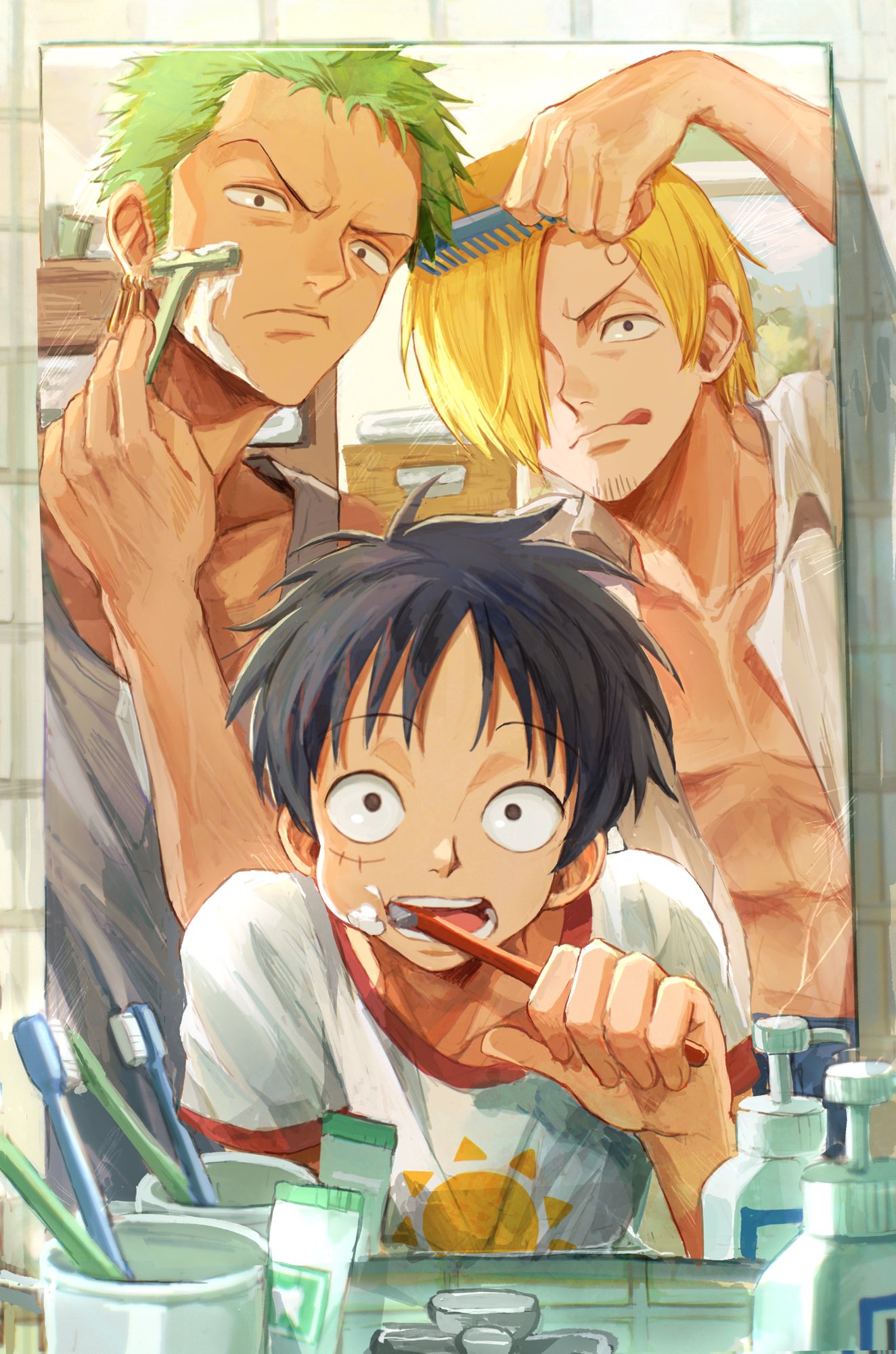 3boys :q arm_up bangs basket bathroom black_hair blonde_hair brown_eyes brushing_hair brushing_teeth closed_mouth collarbone collared_shirt comb commentary_request cup curly_eyebrows earrings facial_hair faucet frown green_hair grey_shirt grey_tank_top hair_over_one_eye hand_up highres holding holding_comb holding_toothbrush indoors jewelry looking_at_viewer male_focus mirror monkey_d._luffy multiple_boys oekakiboya one_eye_covered one_piece open_clothes open_mouth open_shirt parted_bangs razor_blade reflection roronoa_zoro sanji_(one_piece) scar scar_on_cheek scar_on_face shaving shaving_cream shelf shirt short_hair short_sleeves sleeveless sleeveless_shirt stubble t-shirt tank_top teeth tongue tongue_out toothbrush toothpaste towel upper_body v-shaped_eyebrows white_shirt