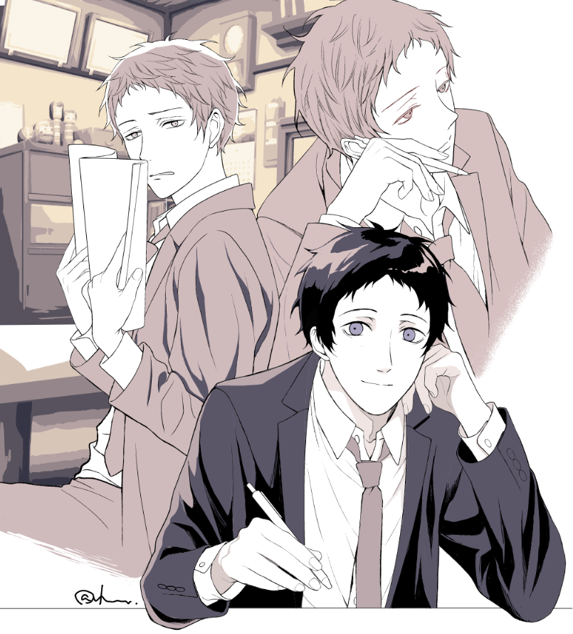 1boy adachi_tooru closed_mouth collared_shirt elbow_rest formal hand_on_own_cheek hand_on_own_face head_rest holding holding_paper holding_pen jacket limited_palette long_sleeves looking_at_viewer male_focus multiple_views necktie paper pen persona persona_4 resekai12 shirt short_hair sitting smile solo suit