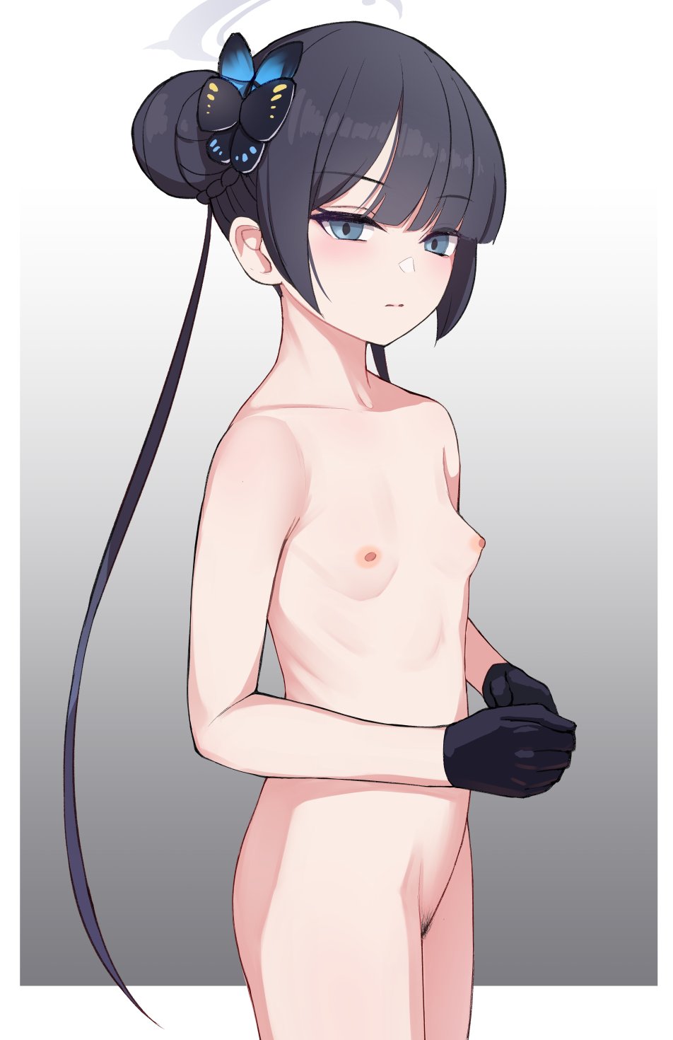 1girl bangs black_gloves black_hair blue_archive blue_eyes blush breasts butterfly_hair_ornament closed_mouth collarbone completely_nude female_pubic_hair from_side gloves gradient_background grey_background hair_bun hair_ornament halo highres kisaki_(blue_archive) long_hair looking_at_viewer narrowed_eyes nipples nude pubic_hair ribs sidelocks small_breasts solo taji_(crowview) twintails very_long_hair