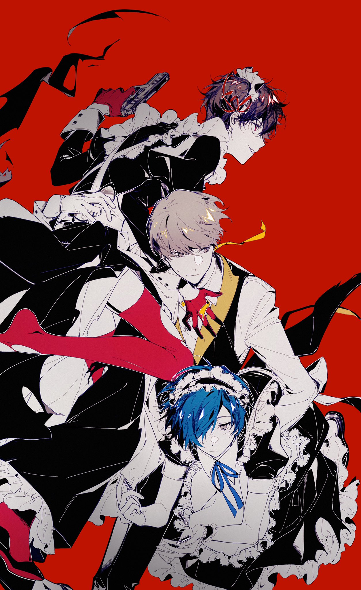 3boys alternate_costume amamiya_ren apron black_hair blue_hair bullet butler carrying carrying_over_shoulder carrying_person collared_shirt commentary crossdressing enmaided expressionless frills gloves grey_eyes grey_hair grin gun hair_over_one_eye handgun hat highres holding holding_bullet holding_gun holding_weapon long_sleeves maid maid_apron maid_headdress male_focus mob_cap multiple_boys narukami_yuu persona persona_3 persona_4 persona_5 puffy_short_sleeves puffy_sleeves red_background red_eyes red_gloves shirt short_hair short_sleeves skirt smile sweatdrop symbol-only_commentary vest_over_shirt waist_apron weapon white_gloves xiluo0207 yuuki_makoto