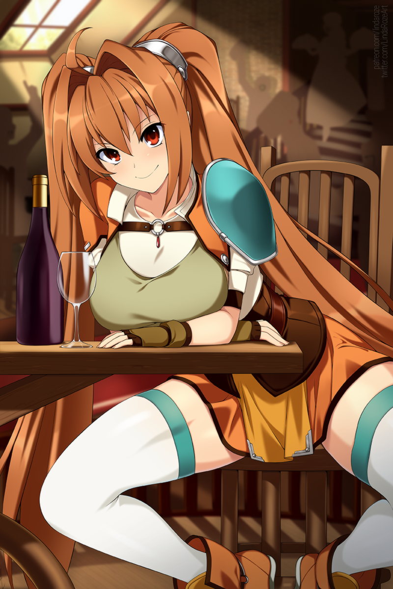 1girl ahoge armor bottle breasts brown_hair chair closed_mouth cup eiyuu_densetsu english_commentary estelle_bright fingerless_gloves gloves highres indoors large_breasts lindaroze long_hair looking_at_viewer orange_footwear orange_skirt red_eyes shirt shoulder_armor sitting skirt smile solo sora_no_kiseki table thighhighs twintails very_long_hair white_thighhighs
