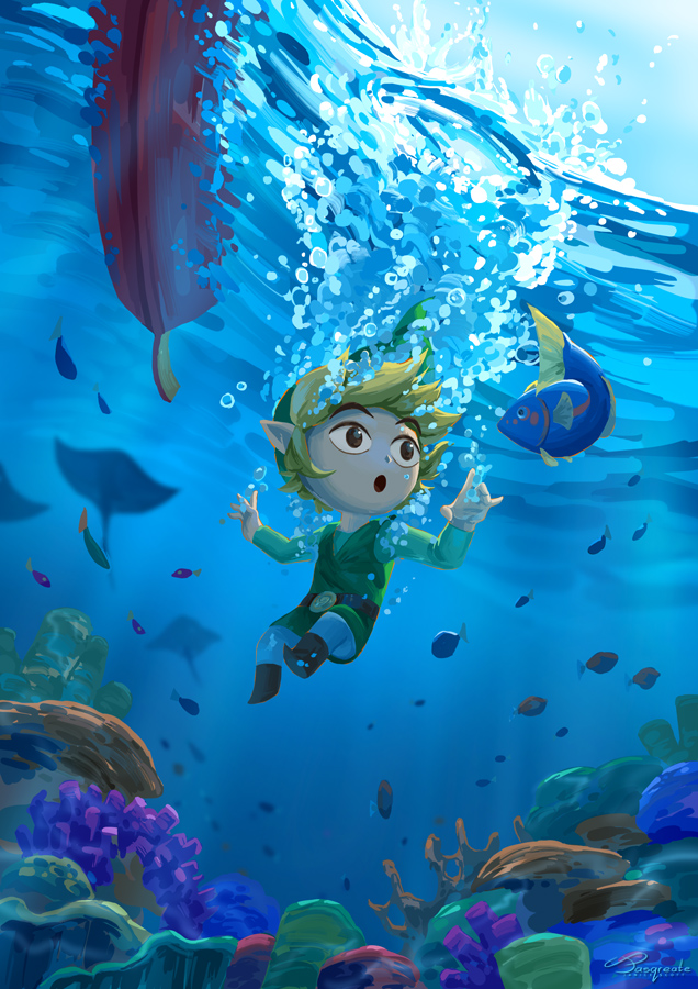 1boy :o air_bubble artist_name bangs belt black_belt blonde_hair boots brown_eyes brown_footwear bubble commentary coral coral_reef english_commentary fish full_body green_headwear green_shirt green_tunic hands_up hat jasqreate link long_sleeves male_focus manta_ray ocean open_mouth pants phrygian_cap pointy_ears shirt short_hair sidelocks signature solo splashing submerged the_legend_of_zelda the_legend_of_zelda:_the_wind_waker toon_link tunic underwater water watermark white_pants
