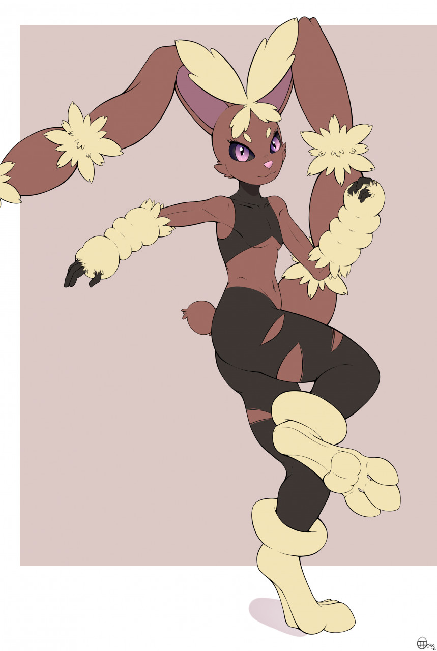 2022 anthro cotton_tail female fur hi_res jimfoxx lagomorph leporid long_ears looking_at_viewer mammal mega_evolution mega_lopunny mouth_closed navel nintendo nude on_one_leg paws pokemon pokemon_(species) pose rabbit signature smile smiling_at_viewer solo standing tiptoes wide_eyed