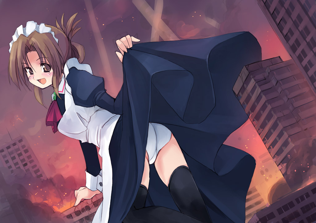 ass black_legwear folded_ponytail giantess hayate_no_gotoku! maid maid_headdress maria_(hayate_no_gotoku!) panties pantyshot seo_tatsuya skirt skirt_lift solo thighhighs underwear