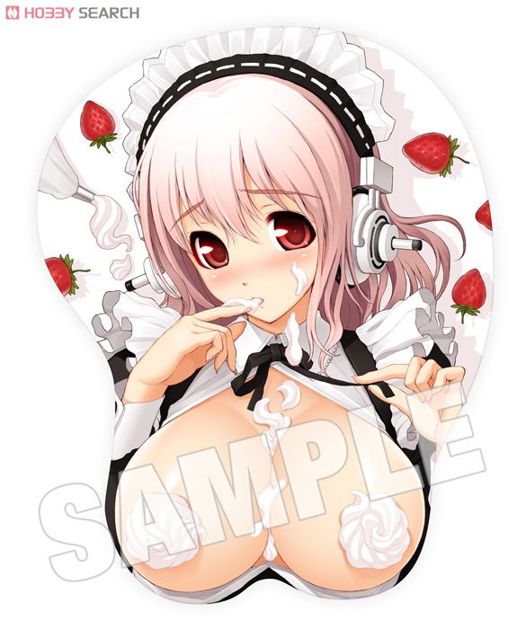 breast_mousepad breasts cream food fruit headphones large_breasts mousepad nitroplus red_eyes sample solo strawberry super_sonico