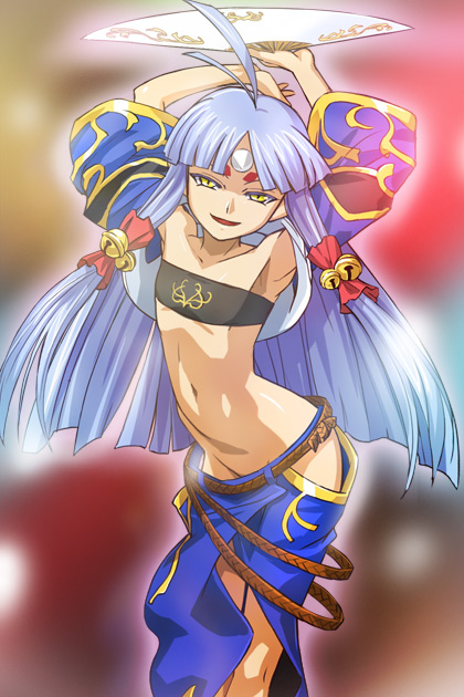 ahoge armpits bandeau bell blue_hair facial_mark fan flat_chest forehead_mark hair_ornament hair_ribbon haruyama_kazunori horn long_hair midriff navel no_panties ribbon solo strapless super_robot_wars super_robot_wars_og_saga_mugen_no_frontier super_robot_wars_og_saga_mugen_no_frontier_exceed suzuka_hime tubetop yellow_eyes