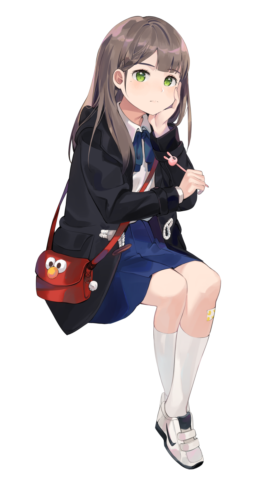 1girl bag bandaid bandaid_on_knee black_coat blue_neckwear blue_skirt blush brown_hair cherim closed_mouth coat collared_shirt elmo full_body green_eyes hand_on_own_cheek hand_up highres holding holding_pen invisible_chair kneehighs long_hair long_sleeves looking_at_viewer mole mole_under_eye neck_ribbon nike open_clothes open_coat original pen pleated_skirt ribbon sesame_street shirt shoes shoulder_bag sidelocks simple_background sitting skirt sneakers solo white_background white_footwear white_legwear white_shirt