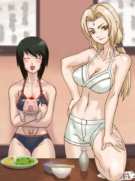 2girls blood bra lingerie multiple_girls naruto panties powudon shizune_(naruto) tsunade yuri