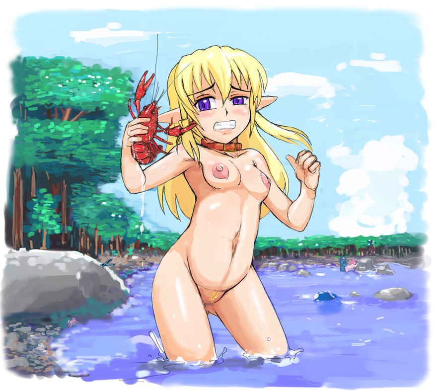 beach blonde_hair blush breasts censored clenched_teeth collar copyright_request day forest lobster long_hair medium_breasts muimui nature nipples nude ocean outdoors pointy_ears pubic_hair purple_eyes solo teeth tree water when_you_see_it