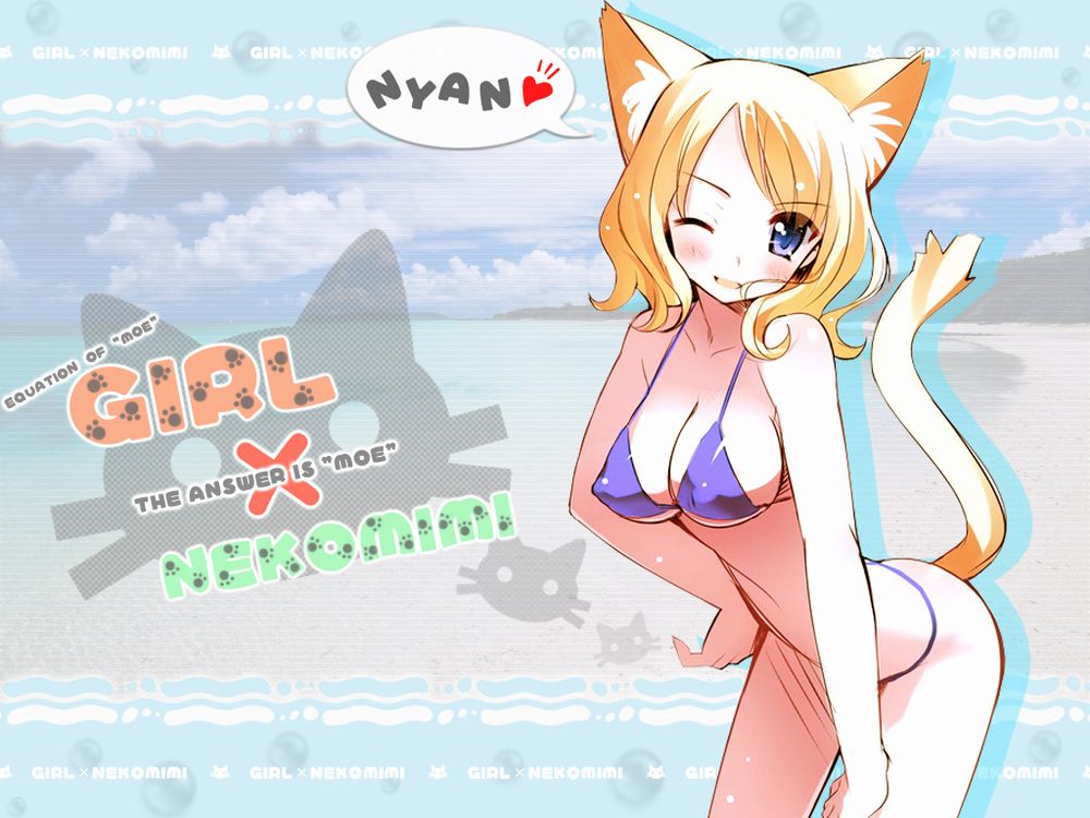 animal_ears bikini blush breasts cleavage smile swimsuit tail wink