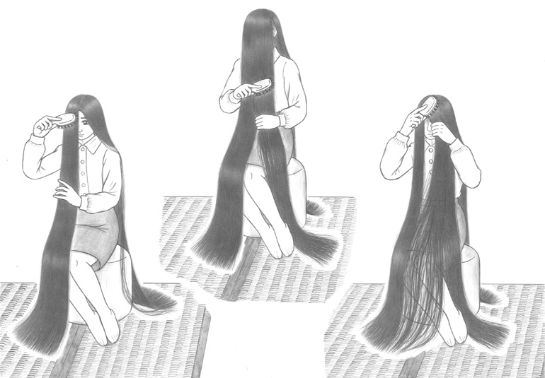 comb long_hair monochrome skirt very_long_hair