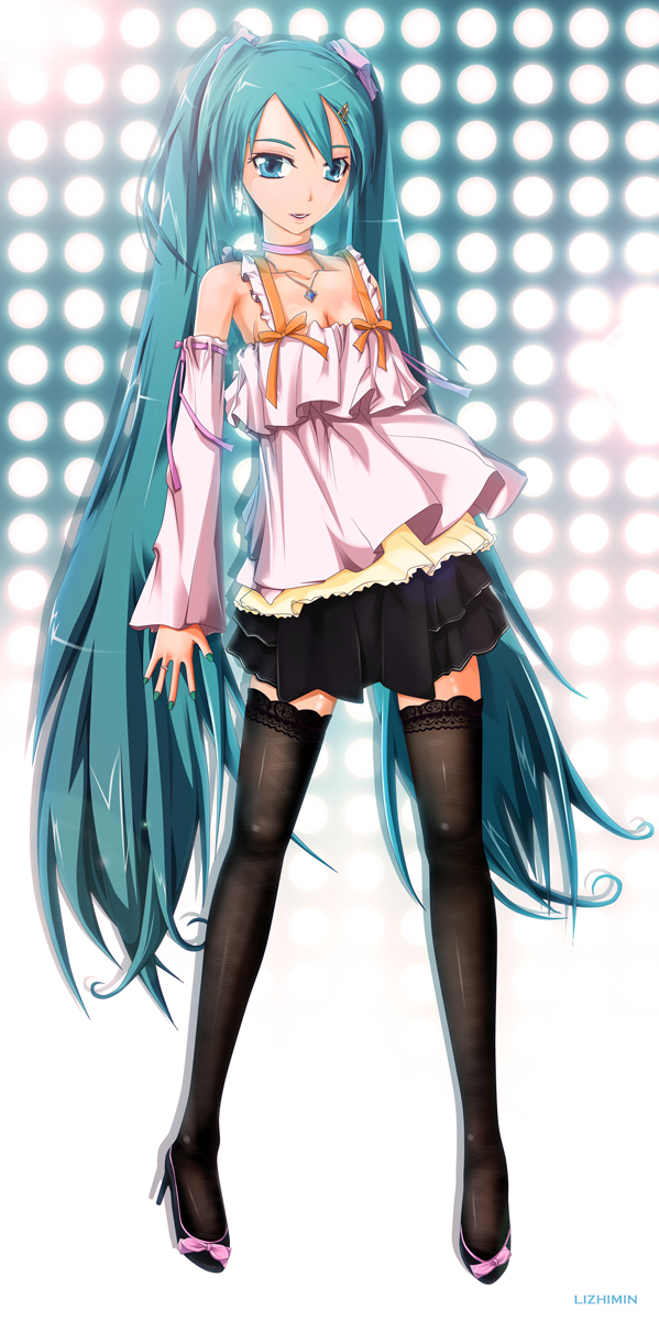 1girl aqua_eyes aqua_hair breasts cleavage dxlsmax_(lizhimin) female full_body hatsune_miku highres jewelry long_hair necklace solo thighhighs twintails very_long_hair vocaloid white_background zettai_ryouiki