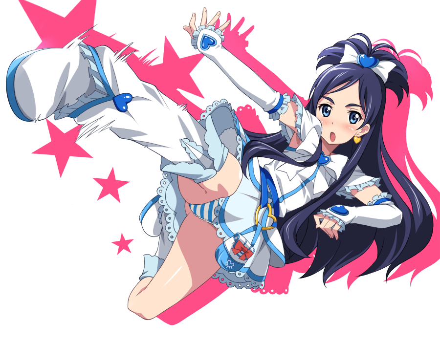 black_eyes black_hair boots cure_white detached_sleeves elbow_gloves futari_wa_precure gloves half_updo heart hokuto_no_ken kicking knee_boots long_hair magical_girl nanto_gokuto_ken open_mouth panties pantyshot pantyshot_(kicking) parody precure solo striped striped_panties underwear upskirt white_footwear yokaze_japan yukishiro_honoka