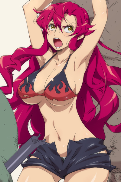 alternate_hairstyle angry armpits arms_up bikini_top breasts hairu large_breasts long_hair open_fly open_mouth red_hair short_shorts shorts solo strap_gap tengen_toppa_gurren_lagann torn_clothes underboob unzipped yellow_eyes yoko_littner