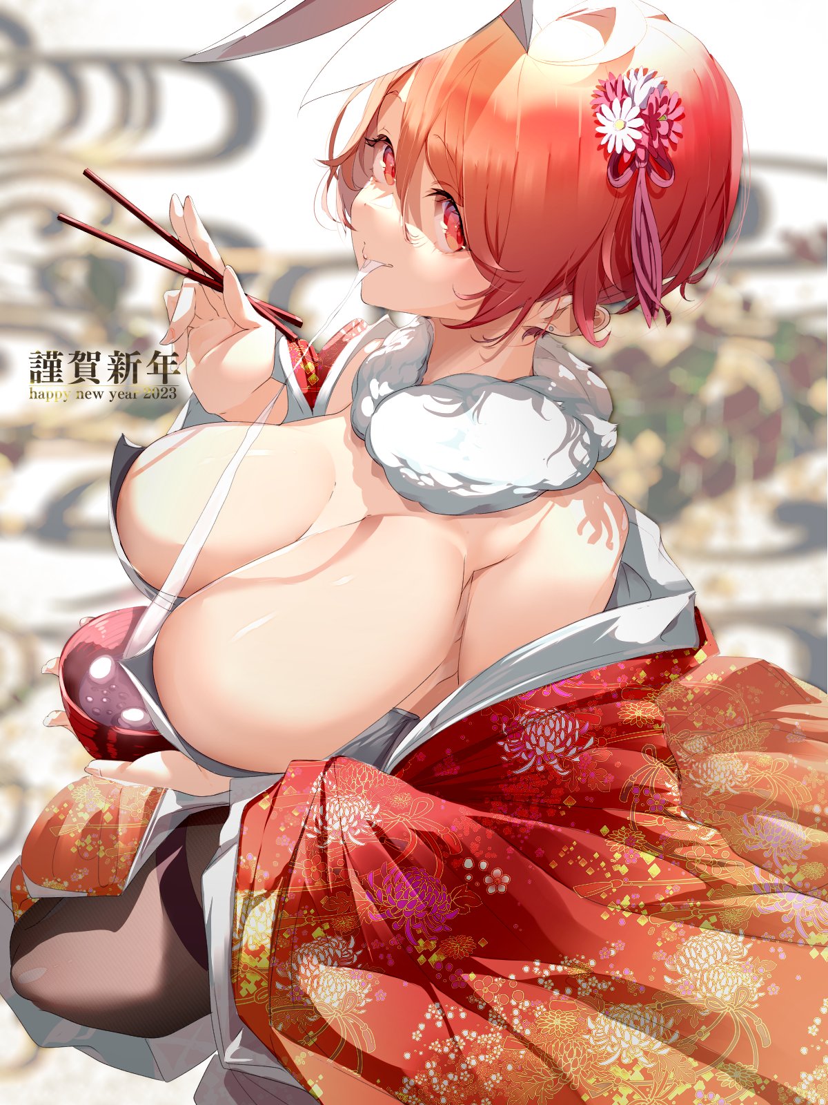1girl 2023 bangs bowl breasts chinese_zodiac chopsticks closed_mouth commentary_request eating english_text floral_print flower fur_collar grey_pantyhose hair_flower hair_ornament happy_new_year highres holding holding_bowl holding_chopsticks japanese_clothes kimono large_breasts long_sleeves looking_at_viewer new_year off_shoulder original pantyhose print_kimono red_eyes red_hair red_kimono sakusakusakurai short_hair smile solo wide_sleeves year_of_the_rabbit zouni_soup