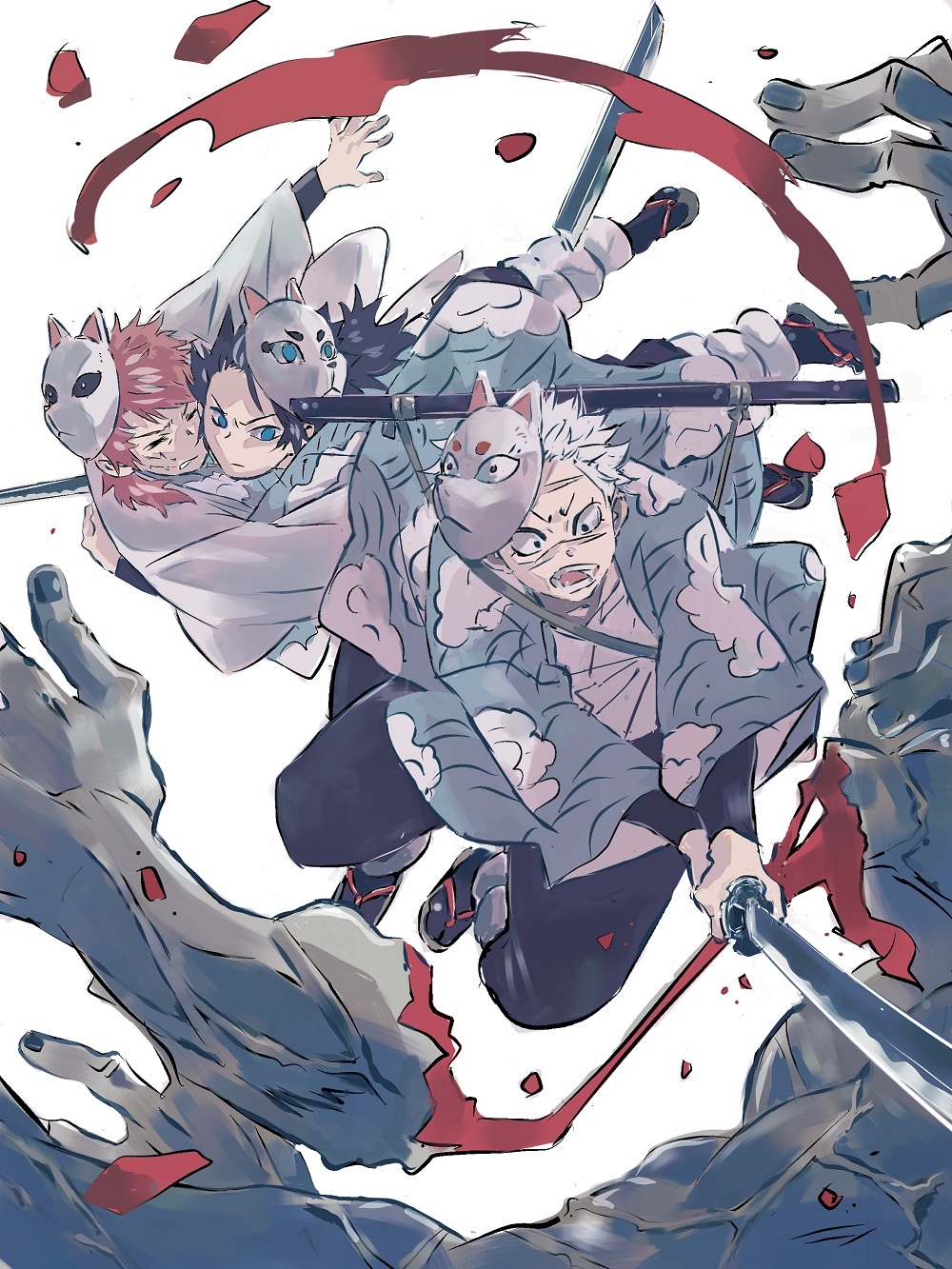 3boys aged_down alternate_universe bangs battle black_hair black_pants black_socks blood blue_eyes blue_jacket child closed_eyes dismemberment fox_mask grey_hair haori highres holding holding_sword holding_weapon hug jacket japanese_clothes jumping kimetsu_no_yaiba komedawara0130 long_sleeves male_child male_focus mask mask_on_head monster multiple_boys open_mouth pants red_hair sabito_(kimetsu) scar scar_on_cheek scar_on_face severed_hand shinazugawa_sanemi short_hair simple_background socks sword sword_on_back tomioka_giyuu uniform veins weapon weapon_on_back white_background white_jacket zouri