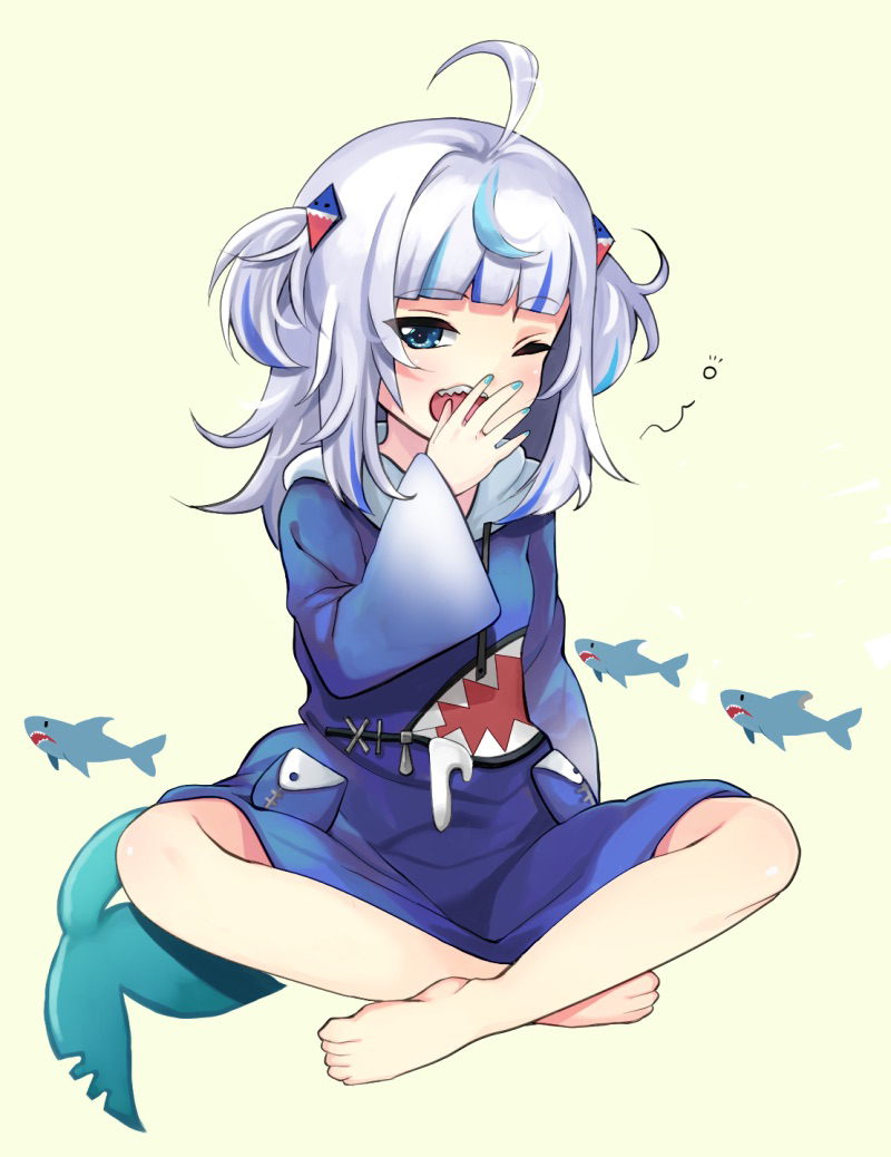 ahoge bangs blue_eyes blue_hair blunt_bangs feet fish_tail gawr_gura grey_hair hair_ornament hololive hololive_english long_hair looking_at_viewer medium_hair multicolored_hair one_eye_closed open_mouth shark shark_girl shark_hair_ornament shark_tail sharp_teeth streaked_hair swami tail teeth two_side_up virtual_youtuber