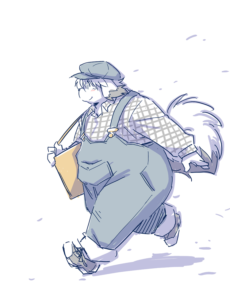 2023 anthro belly big_belly book_whitener canid canine canis clothing domestic_dog hat headgear headwear humanoid_hands kemono mammal monochrome_(series) overalls overweight shirt solo takagi_kyou topwear white_body